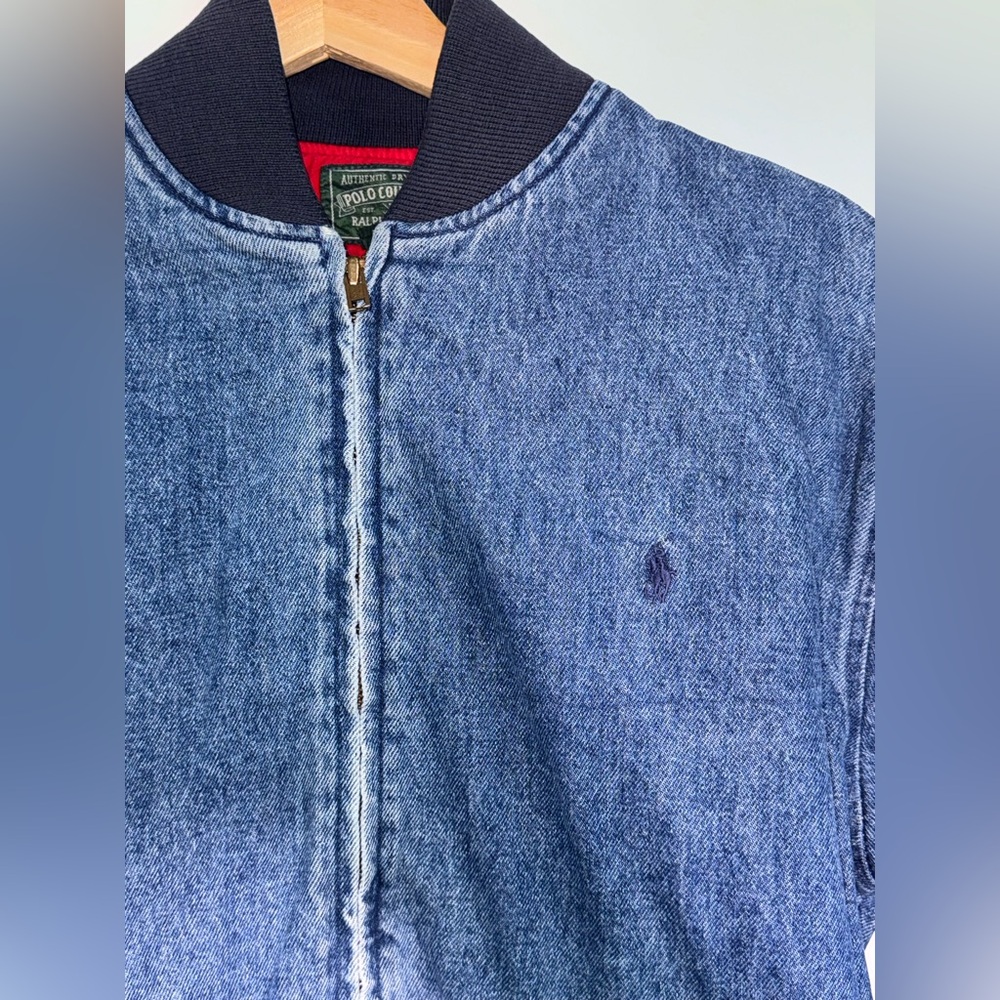 Vtg 90s Polo by Ralph Lauren Zip Denim Bomber Red Lining Small